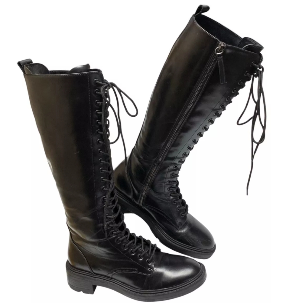 ZARA Black Lace Up Zip Lug Sole Tall Combat Boots EU39